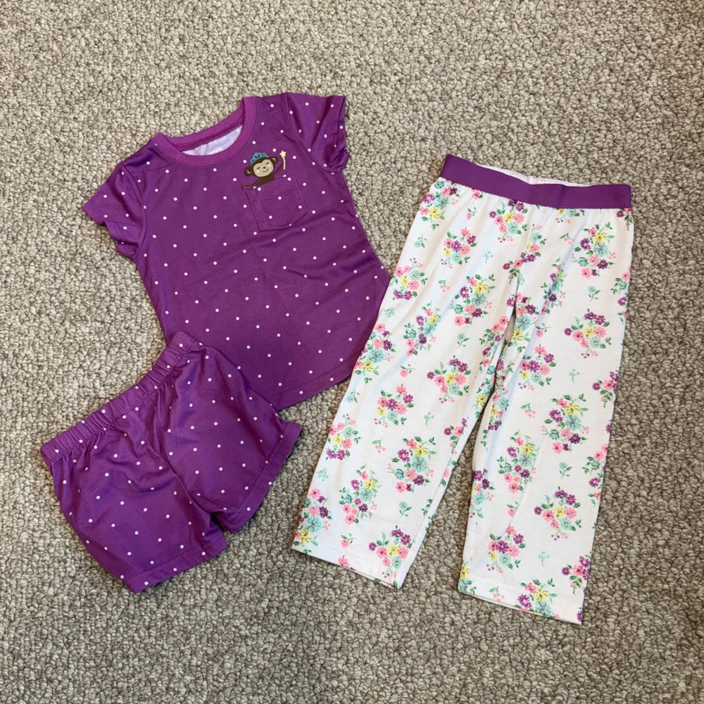 Carters Girls Size 3T Purple Polka Dot Monkey Floral 3 Piece Pajama Set
